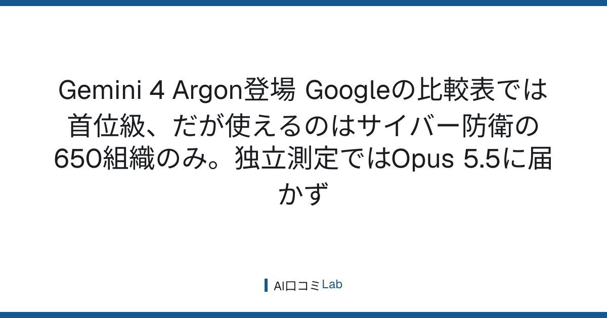 Gemini 4 Argon登場──Googleの比較表では首位級、だが使えるのはサイバー防衛の650組織のみ。独立測定ではOpus 5.5に届かず【2026年10月】