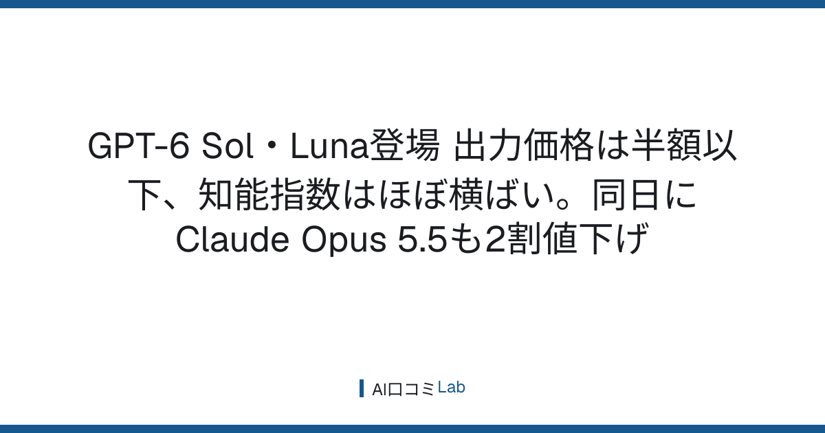 GPT-6 Sol・Luna登場──出力価格は半額以下、知能指数はほぼ横ばい。同日にClaude Opus 5.5も2割値下げ【2026年9月】