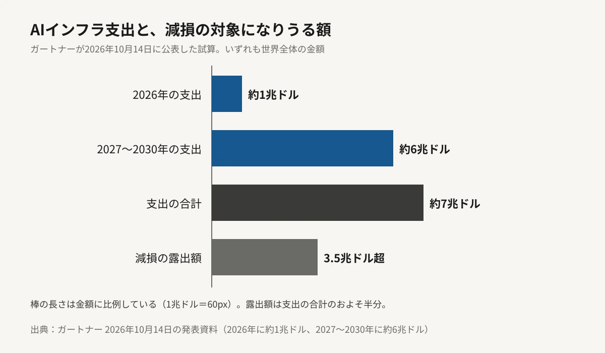 AIインフラ支出と減損の対象になりうる額を比べた横棒グラフ。2026年の支出は約1兆ドル、2027年から2030年の支出は約6兆ドル、合計は約7兆ドル。減損の露出額は3.5兆ドル超で、支出の合計のおよそ半分の長さの棒になっている。